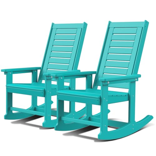 GREENVINES Outdoor Rocking Chairs | Set of 2 | Porch Rocker | HDPE Plastic | Aqua | Oversized Rockers | High Back | Big & Tall | Ladder Back | for Pat