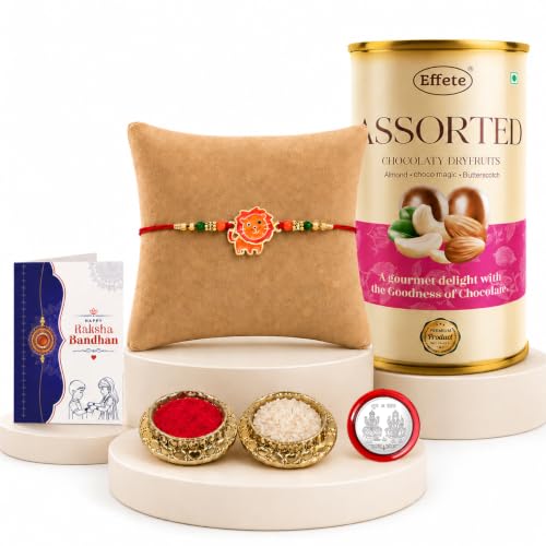 Image of DeoDap Rakhi with Chocolate for Brother - Cute Lion Design Multicolor Kids Rakhi with Assorted Chocolaty Dryfruits, Greeting Card, Silver Color Pooja Coin & Tilak Set - Traditional Raksha Bandhan Festive Combo Pack