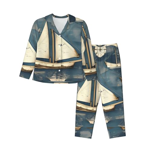 Pyjama 2 pièces femme voilier et carte nautique ensemble nuit manches longues