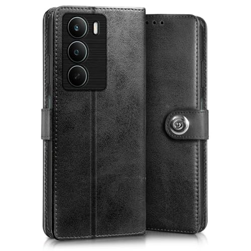 Image of WOW IMAGINE Shock Proof Flip Cover Back Case for Realme C75 | Realme C73 | Narzo 80 lite 5G | P3 Lite 5G (Magnetic Button Flip Case | Wallet Pockets & Stand | Leather Finish | (Haze Black)