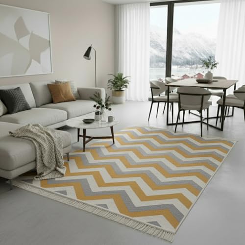 Fashion4Home Teppich Läufer - Tepiche für Wohnzimmer, Schlafzimmer, Küche, Kinderzimmer, Badezimmer - Boho Kelim - Läufer Flur, Zigzag-Gold, Größe: 60x90 cm