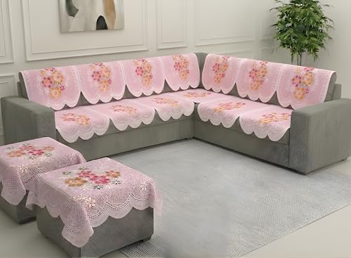 Image of Fab Nation Sofa Cover L Shape 6 Seater with Corner L Type Fully Covered Sofa Set for Living Room | Cotton Sofa Slipcovers for 3 + 3 Seaters Cover + 2 Setty Cover Set | Pink Flowers