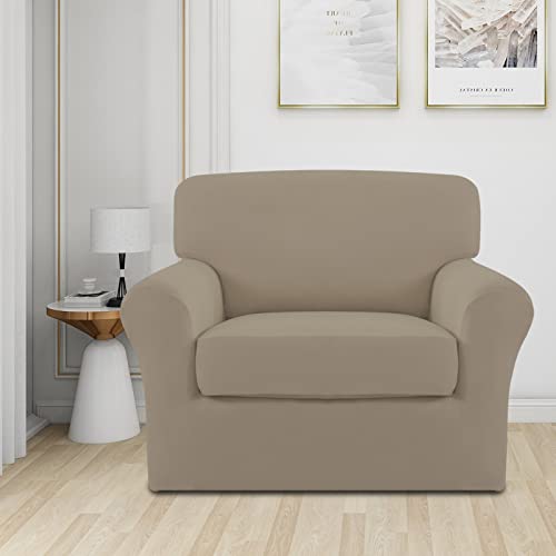 Image of Easy-Going 2 Pieces Stretch Sofa Slipcover for Armchair Washable | Spandex Soft Fitted Sofa Couch Cover for Living Room Washable Furniture Protector with Bottom Kids Pet Natural