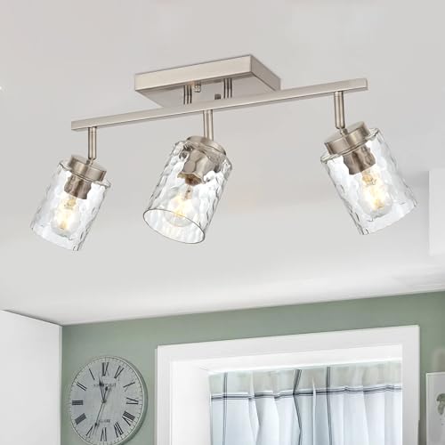 TULUCE Track Ceiling Lighting,3 Light Vanity Lights for Bathroom Brushed Nickel Rotatable Track Head Wall Light Fixture with Clear Hammered Shade for Bedroom Cloakroom Entryway Balcony Hallway
