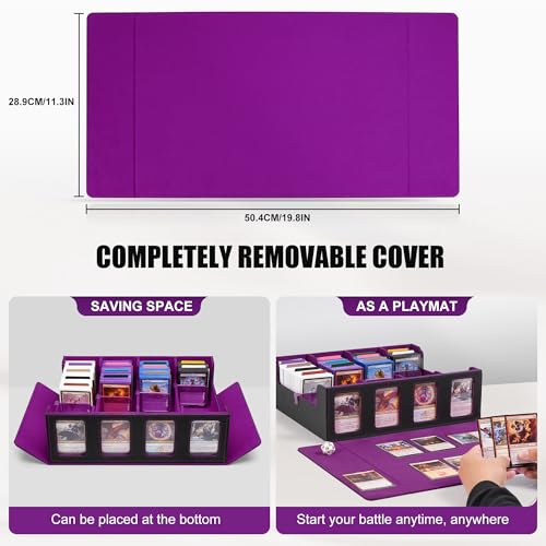 Image of Trading Card Storage Box with Commander Display , 4-Row Deck Case with Removable Lid; 2400+ Card Deck Box for MTG TCG Sports Card, 4 Top Loaders, 4 Stoppers, 24 Dividers,1 Dice Bag (Black Purple)