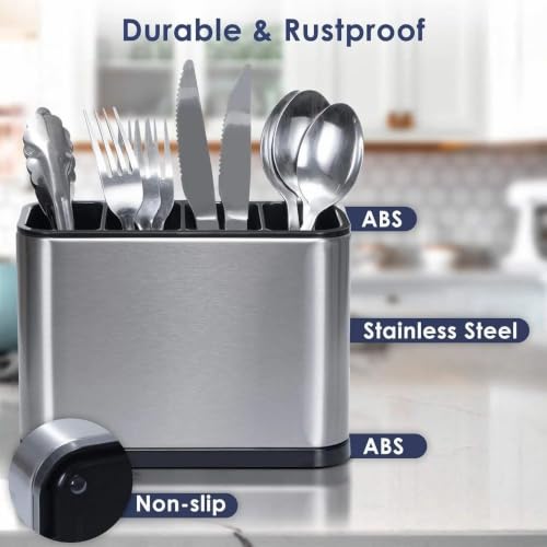 Image of Atasi International Spoon Holder for Kitchen Countertop - Stainless Steel Cutlery Stand with Drain Tray, Rustproof Heavy Duty Utensil Organizer for Kitchen & Dining Table (Silver)