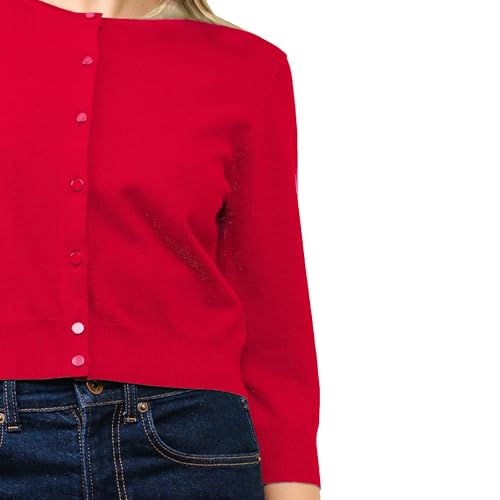 Image of Women's Cropped Cardigan 3 /4 Sleeve Crewneck Button Up Sweater Knit Top (S~XL)