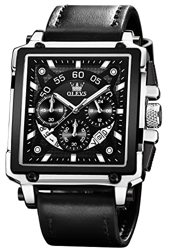 OLEVS Square Watches for Men Black Leather Chronograph Fashion Business Watch Luminous Waterproof Casual Wrist Watches