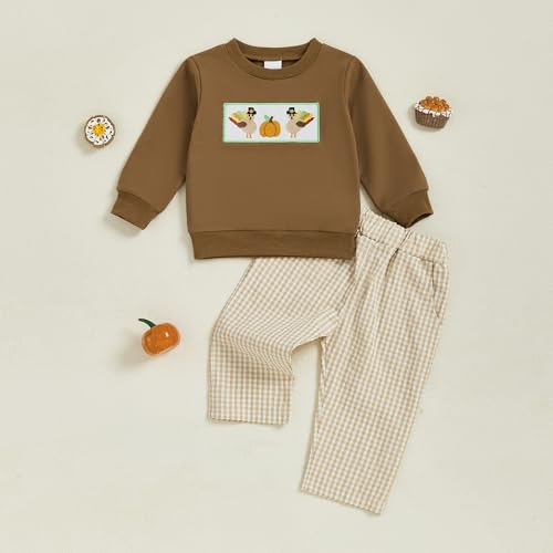 Toddler Baby Boy Thanksgiving Turkey Outfit Long Sleeve Embroidery Sweatshirt Gingham Pants 2 Piece Smocked Clothes2