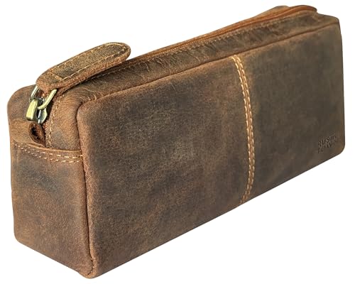 RUSTIC TOWN Leather Pencil Case for Men & Women Full Grain Leather Pen Pouch with Zipper Handcrafted Pencil Pouch Organizer for Office School & Travel