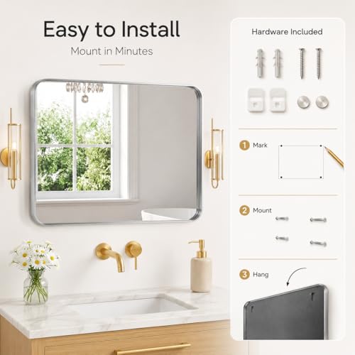 Image of 30 inchx40 inch Rounded Corners Silver Bathroom Mirror - Metal Framed with HD Shatter-Proof Glass, Wall-Mounted for Over Sink, Entryway, Living Room, Bedroom
