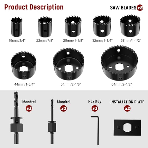 Image of 12-Piece Hole Saw Kit, Includes 8 Sizes (3 /4 inch to 2-1 /2 inch), Arbors, Drill Bits, and Hex Key, Ideal for Softwood, Plywood, and PVC (Black)