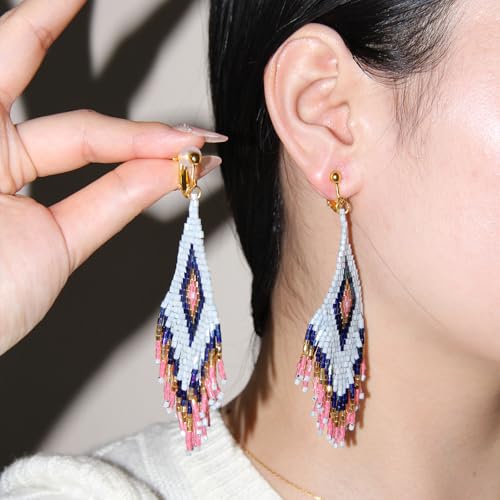 Aretes colgantes largos con borlas y cuentas para mujer miniatura 3