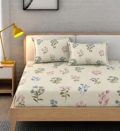 Image of 380 TC Premium Glace Cotton Elastic Fitted Bedsheet King Size with 2 Pillow Covers King Size | Double Bed with All Around Elastic (CreamLEA, Fitted - 72 inchx78 inch King)