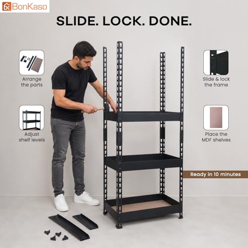 Image of Bonkaso 5 Tier Adjustable Boltless Metal Storage Rack for Home, Garage, Office & Shop | Heavy Duty Rust-Resistant Shelving Unit with MDF Wooden Shelves | Utility Display Stand, Black, (60x36x137 cm)