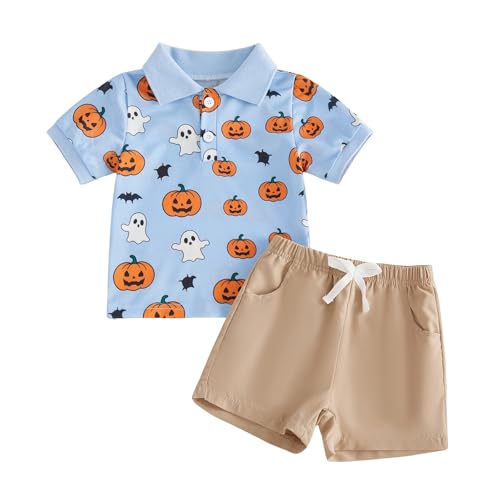 Bagilaanoe Toddler Baby Boy Halloween Outfit Pumpkin Clothes Button Up Short Sleeve T-Shirt Top+ Solid Shorts Set (Blue 3-4T)