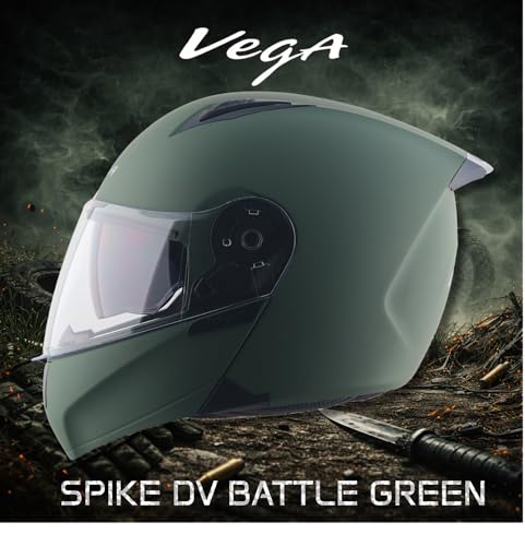 Image of Vega VM-02 Spike Flip-Up Motorcycle Helmet with ISI Certification | High-Impact ABS Shell, Dual Visor, UV & Scratch Resistant: Dull Battle Green , XL