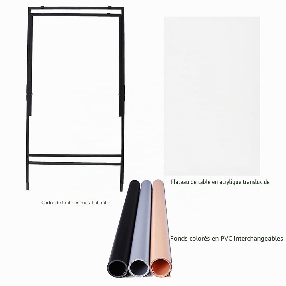 Table de Prise de Vue Pliable, Shooting Table 60x100cm Portable Non Réfléchissant avec 3 Pvc Fond pour Studio Photographie Tentes de Shooting