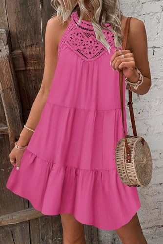 Image of Wkior Womens Summer Dresses 2025 Casual Halter Sleeveless Flowy Mini Dress Tiered Pleated Beach Sundress