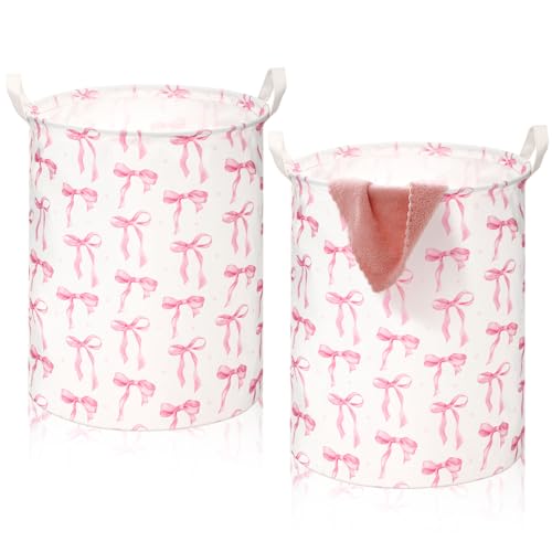 CroBlissful 2 Pcs Coquette Bow Laundry Basket Coquette Storage Basket for Girls Nursery Hamper with Handles Foldable Waterproof Collapsible Storage Bin Organizer for College Dorms Bathroom (Bow)