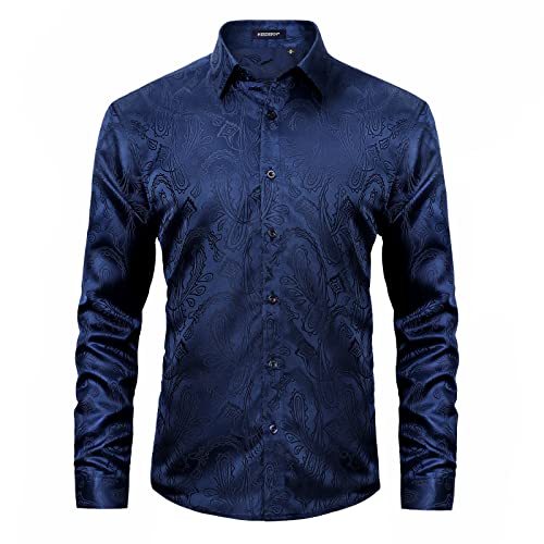 HISDERN Herren Paisley Hemd Langarm Dunkelblau Blumen Muster Seidenhemd...