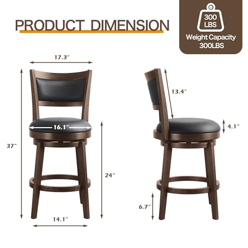 24-Counter-Height-Barstools-Set-of-2-High-Back-Swivel-Bar-Stools-with-Black-Faux-Leather-Upholstered-Seat-Solid-Wood-Footrest-Counter-Bar-Stool-for-Kitchen-Island-Pub 24 Counter Height Barstools Set of 2 High Back Swivel Bar Stools with Black Faux Leather Upholstered Seat Solid Wood Footrest Counter Bar Stool for Kitchen Island Pub