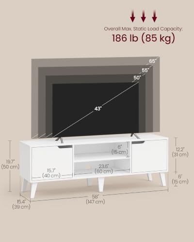Image of VASAGLE TV Stand for 65'' TV, Entertainment Center with Adjustable Shelf | 58'' Long Media Console for Living Room, Mid-Century Modern TV Table with Storage, White, MIRANTA Collection ULTV556W101S