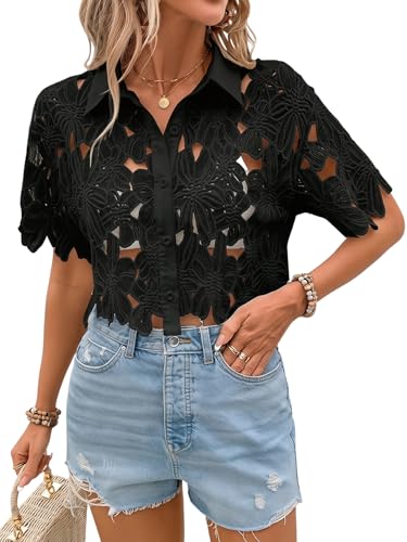 SOLY HUX Women's Floral Lace Cropped Blouses Hollow Out Crop