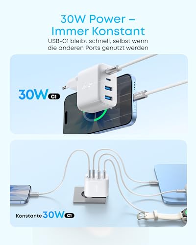 Anker Zolo 50W USB C Ladegerät, 4-Port Netzteil mit 2 USB-C und 2 USB-A, Kompaktes Schnellladegerät Für iPhone 17 Pro Max/16/15/14/13-Serie, iPad, Pixel, Galaxy, MacBook (ohne Kabel)