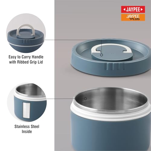 Image of Jaypee Plus Snackpac Sr. Airtight Leakproof Container 500 ml Lunch Box for School, Office, Ideal for Snacks and Meal, Keeps Food Hot & Fresh Inner Stainless Steel Easy to Carry Handle, Bowl Grey