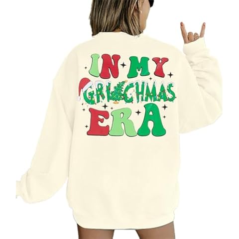 FAYALEQ Women Christmas Sweatshirts In My Merry Christmas Era Long Sleeve Shirts Xmas Family Holiday Crewneck Pullover Top Beige Cover