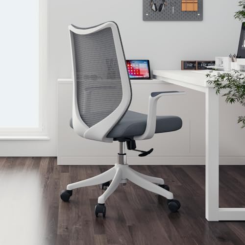Image of Ergonomic Office Chair, Comfy Swivel Mesh Chair Super Elastic Lumbar Support Fixed Armrests and PU Wheels Tilting & Height Adjustment Desk Chair (Light Grey)
