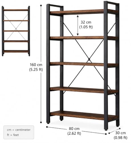 Image of 5-Tier Industrial Bookshelf with Solid Wood Shelves & Metal Frame | Open Display Storage Rack for Living Room, Bedroom, Office, Study | Book self | Rustic Brown | 80x30x160 cm