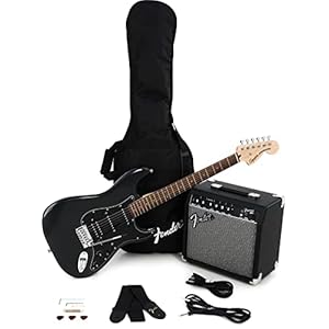 Squier by Fender Electric Guitar Kit, Affinity Series Stratocaster, with 2-Year Warranty, Charcoal Frost Metallic, with Padded Guitar Bag, Frontman 15G Guitar Amp, Guitar Strap, and More