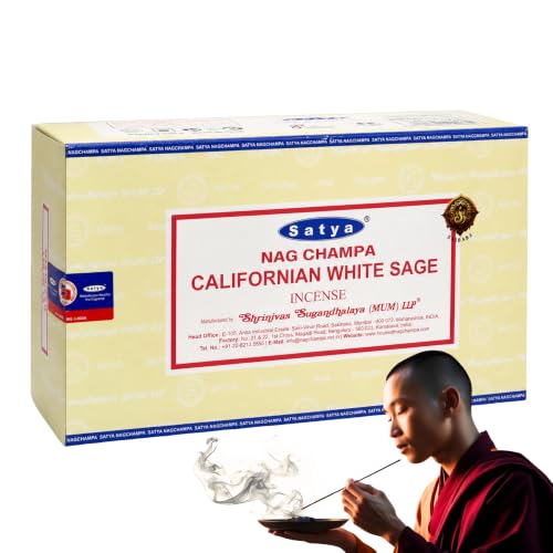 Varillas de Incienso, Incienso Nag Champa Californian White Sage, Original Enrollado a Mano de la India, meditación y relajación, Contiene 12 Cajas de Varillas de 15 g (180 Varillas en Total)