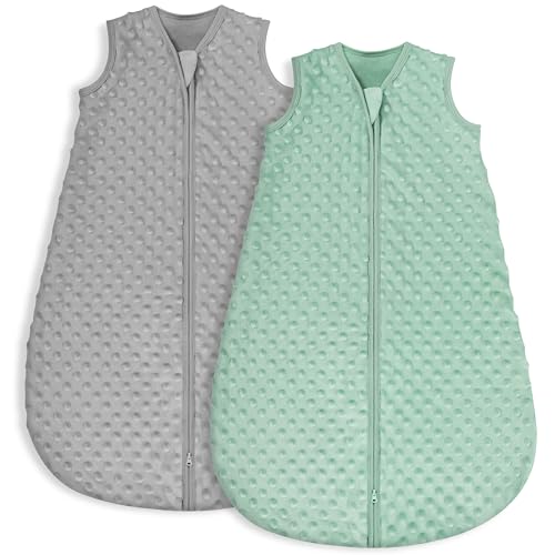 Looxii 2er Pack Schlafsack Baby Baumwolle 1.5 Tog Herbst Frühling Winter Babyschlafsack für Neugeborene Jungen Mädchen 0-6 Monate Fleece Punkt Grau und Grün