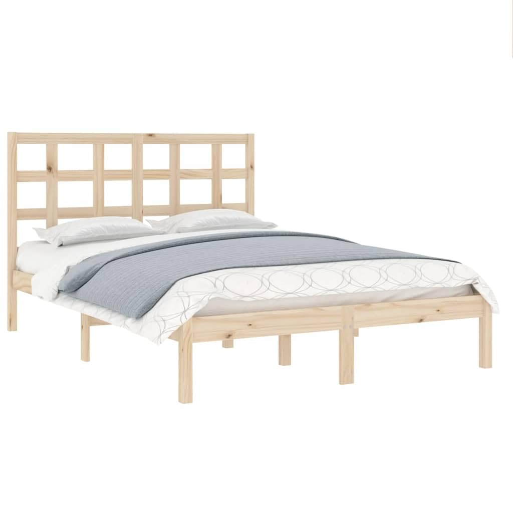 Lite sosnowe drewno Klasyczny zagłówek Standard 135x190 cm Brąz | Rama łóżka lite drewno sosnowe 135x190 cm podwójna z zagłówkiem solidna konstrukcja