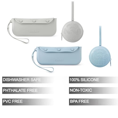 Image of PandaEar 4 Pack Pacifier Holder Case Set, 2 Pack Silicone Portable Travel Pacifier Pouch & 2 Pack Silicone Baby Cutlery Holder Bags, BPA Free, Universal Accessories Holders (Light Blue,Grey)