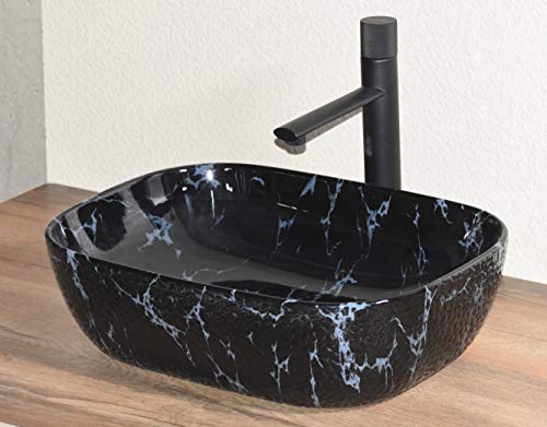 Image of InArt Ceramic Wash Basin /Vessel Sink /Over or Above Counter Top Wash Basin for Bathroom Rectangle Shape Black Marble Color 18 x 13 x 5.5 Inch
