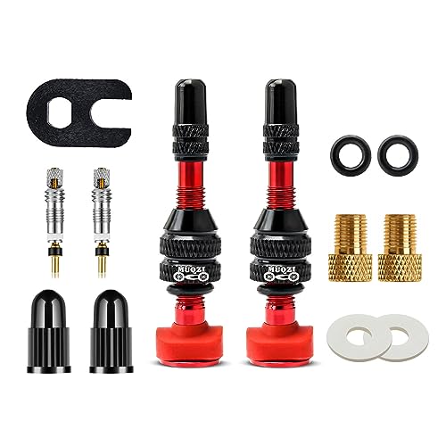 MTB Presta Tubeless Ventile, Fahrradventil Tubeless mit Fahrradventil Adapter Schlauchlose Ventile für Straße MTB Reifen, Rot (40mm)