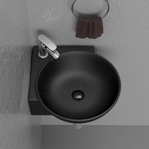 Image of REMOTION Wall Mounted Wash Basin for Bathroom | Wall Hung Corner Sink | Ceramic Round Wall Hung Wash Basin | Wall Hung Small Corner Basin (16.3 x 13.8 x 4.3 Inch) (Matte Black)