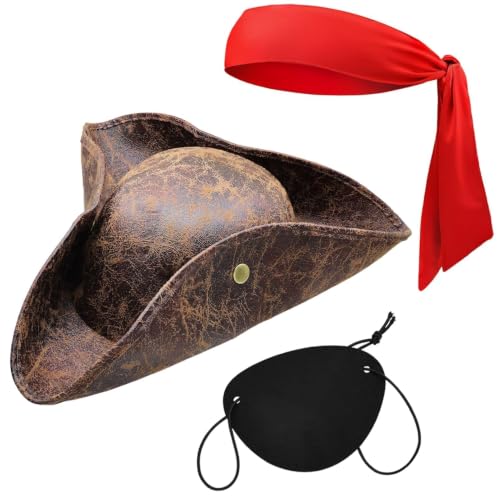 Aswitnove Vintage Tricorn Pirate Hat Accessories Set for Men Woman Brown Distressed Faux Leather Pirates Hat Pirate Bandana Eye Patch Viking Jewelry for Women Renaissance Halloween Party Supplies 4