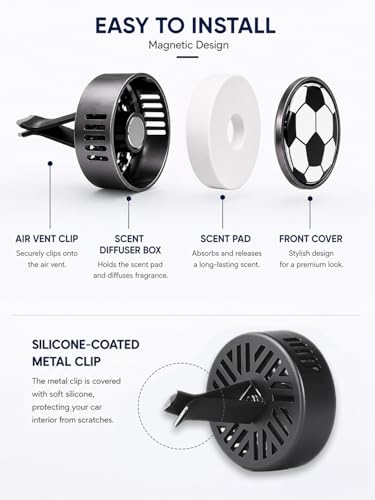 Image of Soccer Car Vent Clip Air Freshener, Football Magnetic Metal Holder with Refill Pads