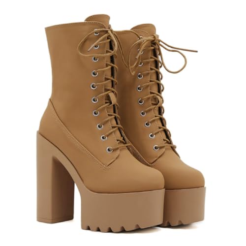 Women's Leather Platform Chunky High Heel Mid Calf Boots Warm Fur Lined Comfortable Round Toe Lug Sole Block Heel Lace Up Combat Boots Winter Fashion Party Increase Boots