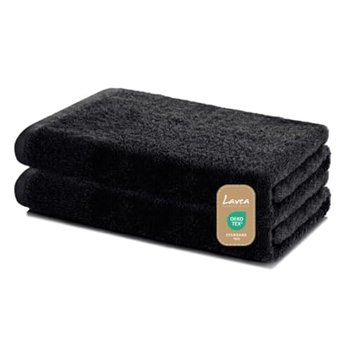 Lavea Lot de 2 Draps de Douche 60x120 cm – Serviettes de Bain Douces et Absorbantes - 100% Coton – Oeko-TEX 100 – avec Bouclette – Lavables à 60°C – pour Saille de Bain, Fitness et Spa - Noir