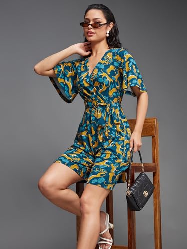 Image of Miss Chase Women's V Neck Half Sleeve Conversational Printed Wrap Knee Long Playsuit
