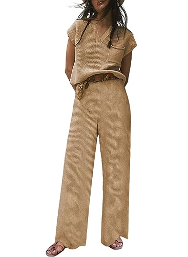 Image of EVALESS Lounge Sets for Women Fall Two Piece Outfits Sleeveless V Neck Knit Pullover Tops and Wide Leg Pants Sweaters Sets