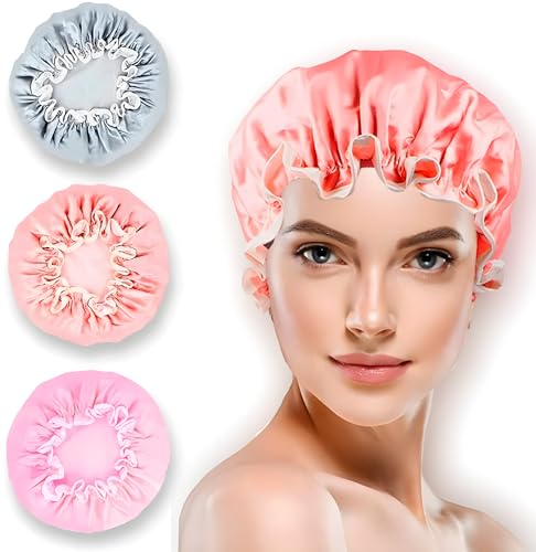 Accesorios, Beauty Bee Vibes Gorra de baño Mujer 3 Pack - Gorro para Dormir Impermeable de Satin, Bonnet Reutilizable de Doble Capa para ducha y belleza para Cabello Largo,...
