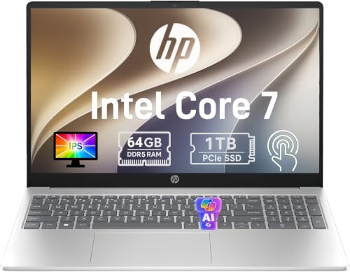 Image of HP 15.6 inch FHD IPS Touchscreen Laptop, Intel Core 7 150U, 64GB DDR5 RAM, 1TB SSD, 2026 Edition, Copilot Key, Wi-Fi 6, Numeric Keypad, Windows 11, Thin & Lightweight Laptop for Business & Students
