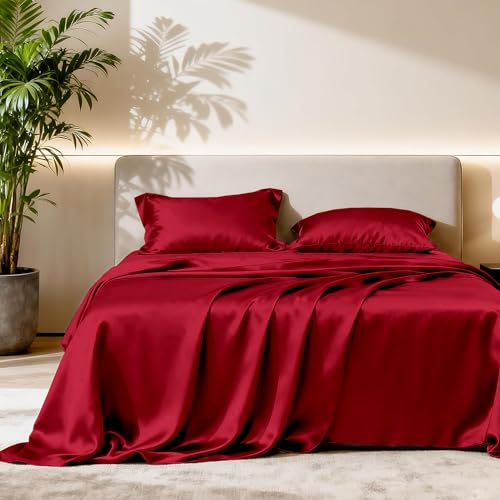 Image of Soft and Silk Satin Bedsheet for Single Bed- 400 TC Romantic Bedsheet Set for Bedroom | Bridal Wedding Bedsheet with Pillow Cover | Ideal for Gifting Burgundy, Single Bed